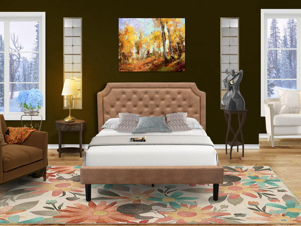 GB28Q-9G92B 2-Piece Bedroom Ensemble Featuring Button-Tufted Retro Bed & Rustic Nightstand - Luxurious Brown Faux Leather, Textured Surface, Black Legs
