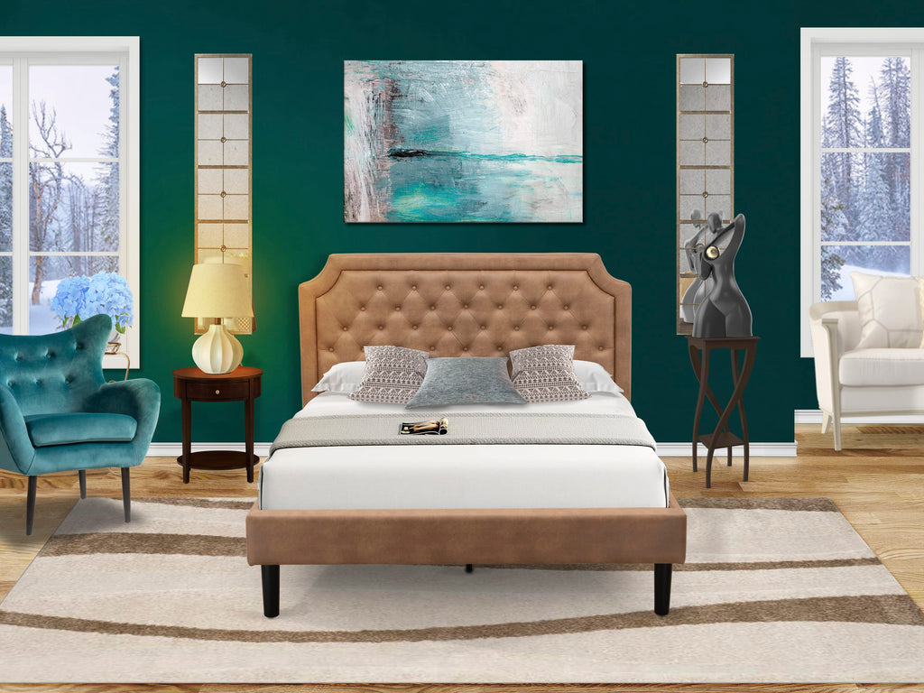 GBXQ8-2EMCH Bedroom Set Queen Faux Leather Platform Bed & Mahogany Nightstand, Modern Mid-Century Style