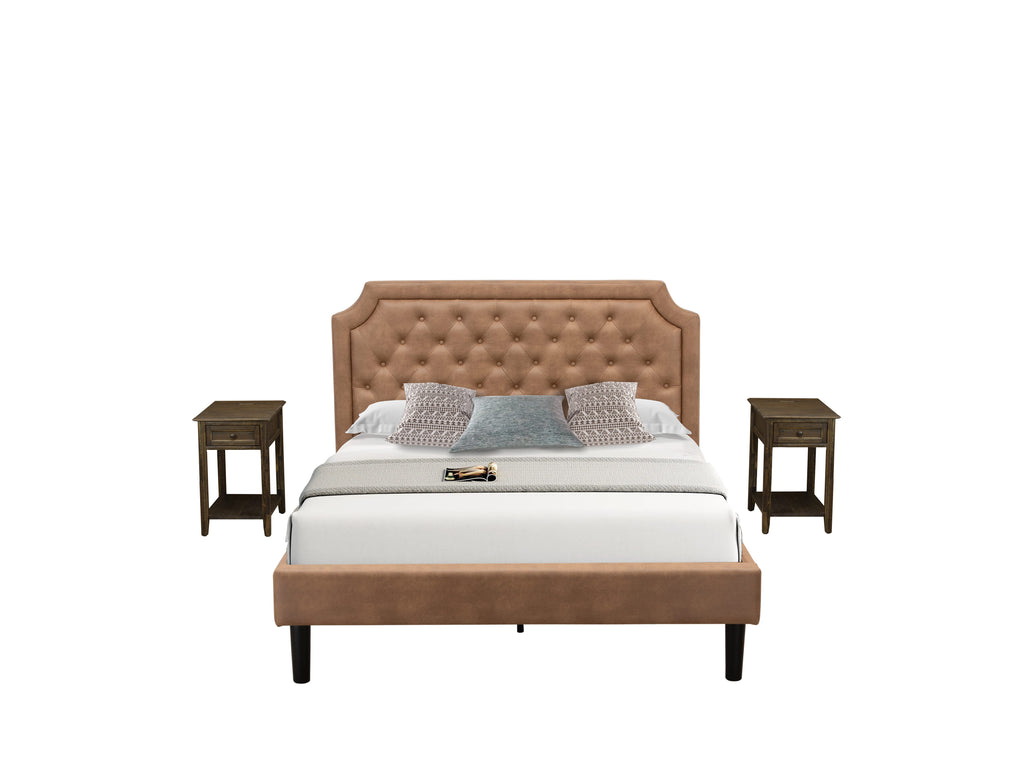 GB28Q-B83GM 3-Piece Bedroom Ensemble Tufted Queen Bed, Two Jacobean Nightstands, Brown Faux Leather Finish