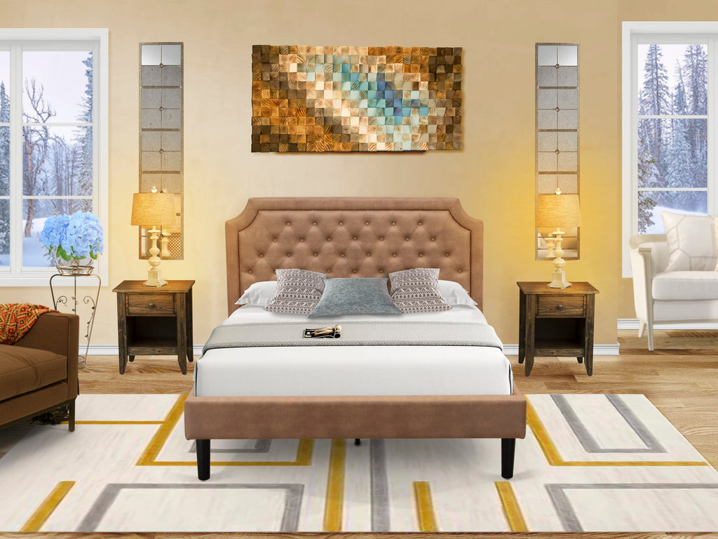 GB28Q-GAEKZ 3-Piece Bedroom Combo Upholstered Queen Bed plus Dual End Tables with Brown Finish & Black Accents