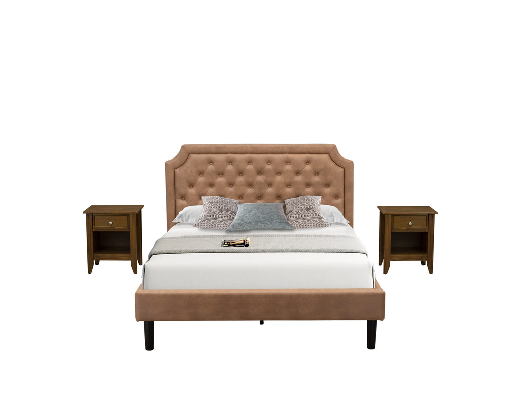 Explore the GB28Q-EIA0J Bedroom Ensemble Tufted Bed and Walnut Nightstands Set with a Brown Leather Look
