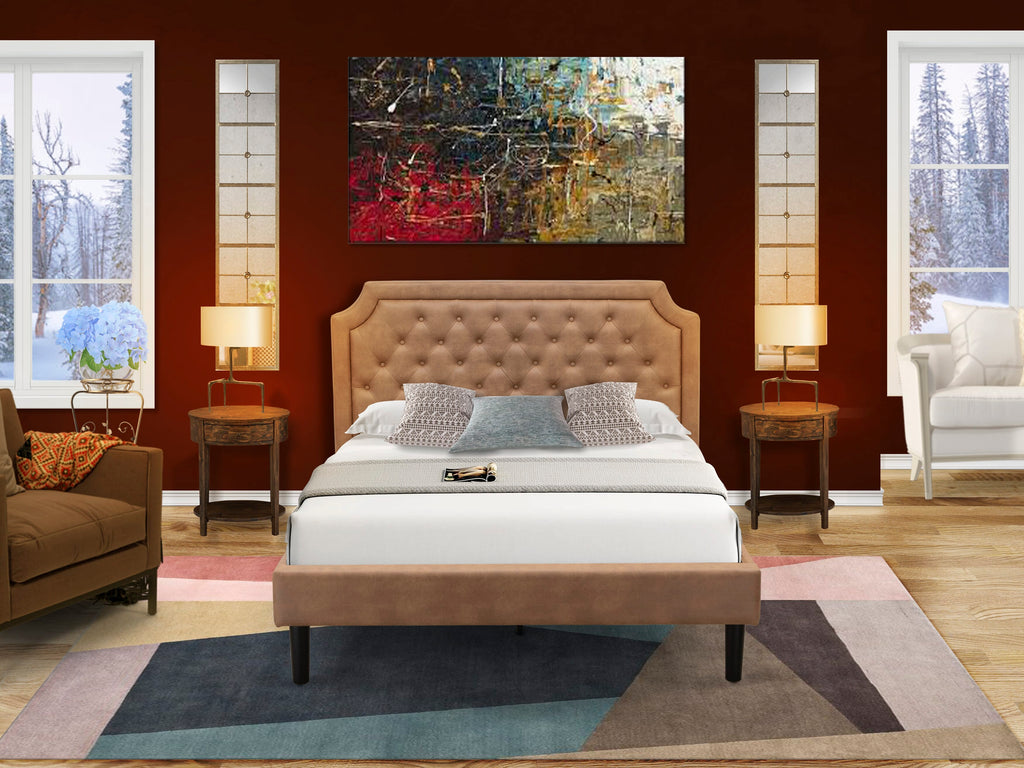 Elegant GB28Q-NSL40 Bedroom Set Padded Bedframe with Button Details, Chic End Tables in Jacobean Brown