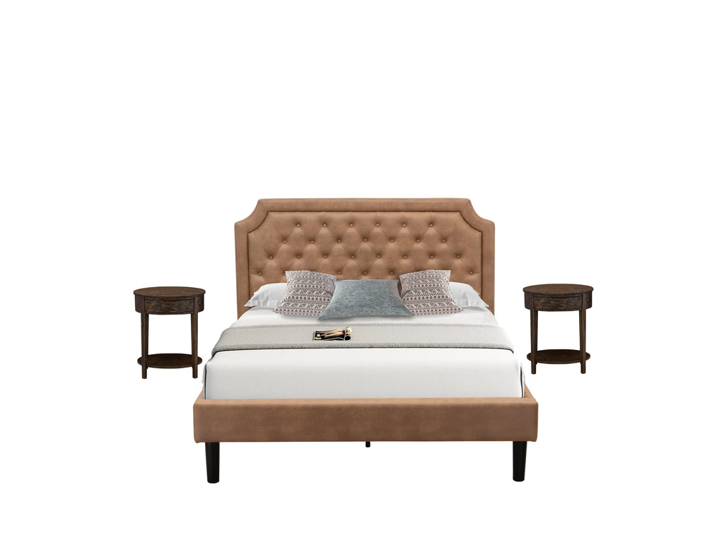 Elegant GB28Q-NSL40 Bedroom Set Padded Bedframe with Button Details, Chic End Tables in Jacobean Brown