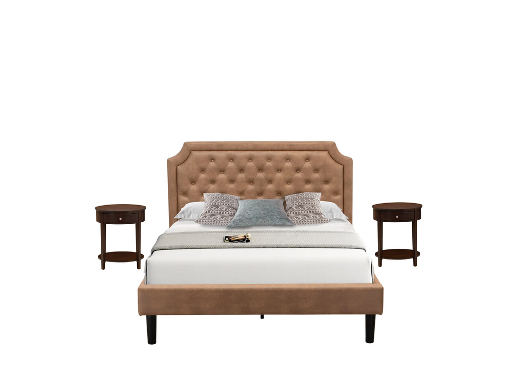 GB28Q-NSVPA, Elegant 3-Piece Mid-Century Style Queen Bedroom Ensemble with Button Accented Bedframe & Two Rich Mahogany Modern Nightstands - Coffee Faux Leather & Earth Tone Finish with Charcoal Legs