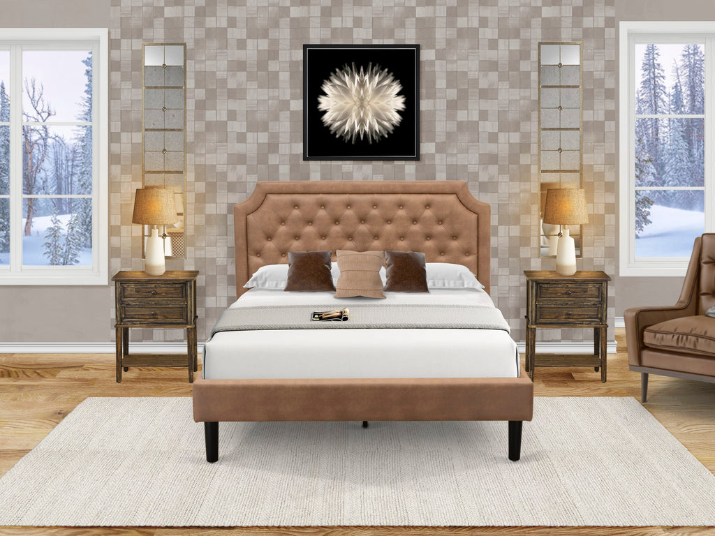 GB28Q-INDV8 Three-Piece Bedroom Ensemble Elegant Queen Bed Frame and Pair of Vintage Night Stands in Earthy Faux Leather, Textured Brown With Sleek Black Legs