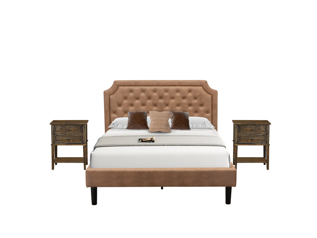 GB28Q-INDV8 Three-Piece Bedroom Ensemble Elegant Queen Bed Frame and Pair of Vintage Night Stands in Earthy Faux Leather, Textured Brown With Sleek Black Legs