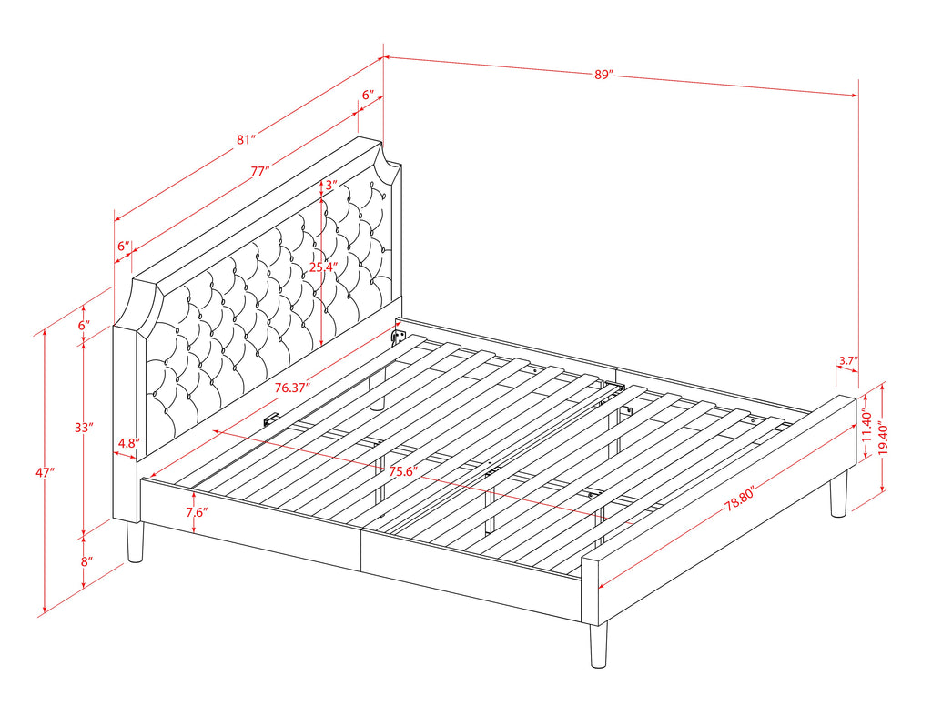 GBF-2S-Z Sophisticated King Platform Bed with Embossed Headboard & Full Support Wood Slats - Classic Black Style