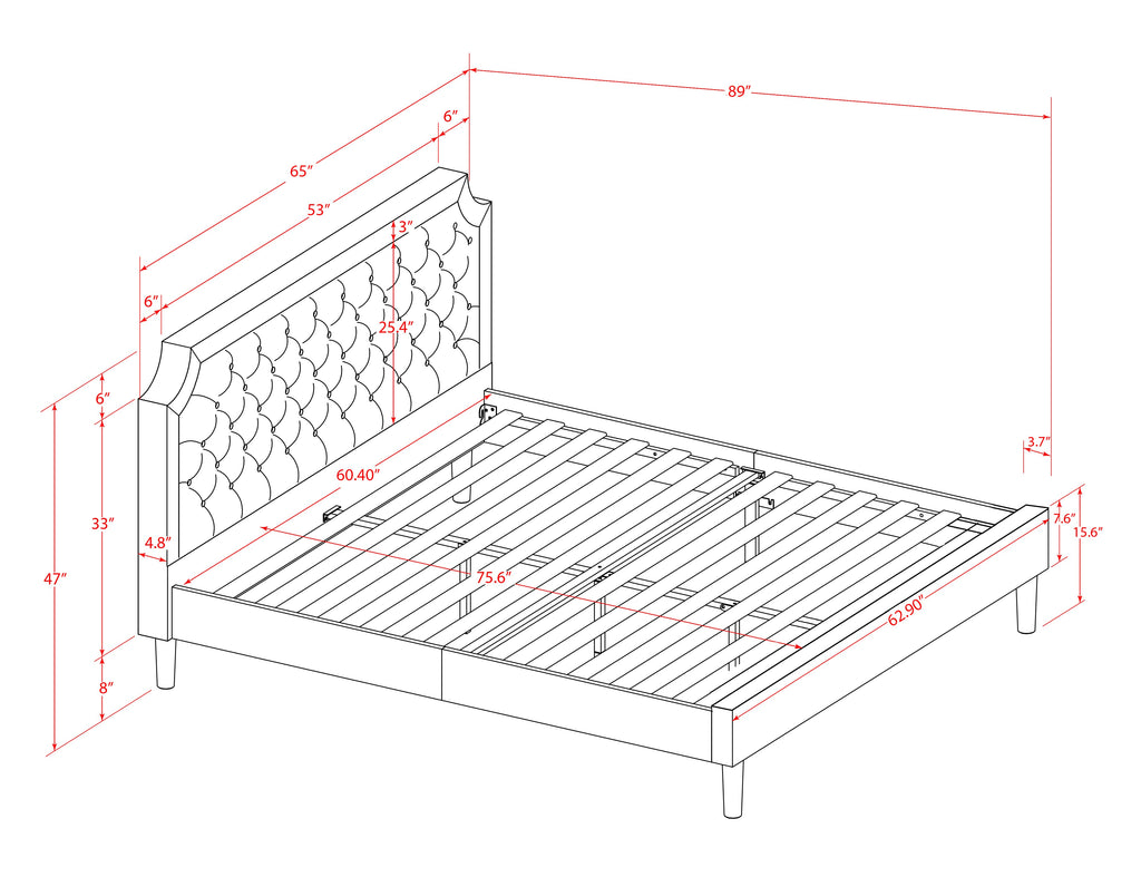 GBF-2K-1 Elegant Queen Bed Black Frame with Upholstered Headboard & Footboard, Robust Wood Rails and Legs - Full Queen Support