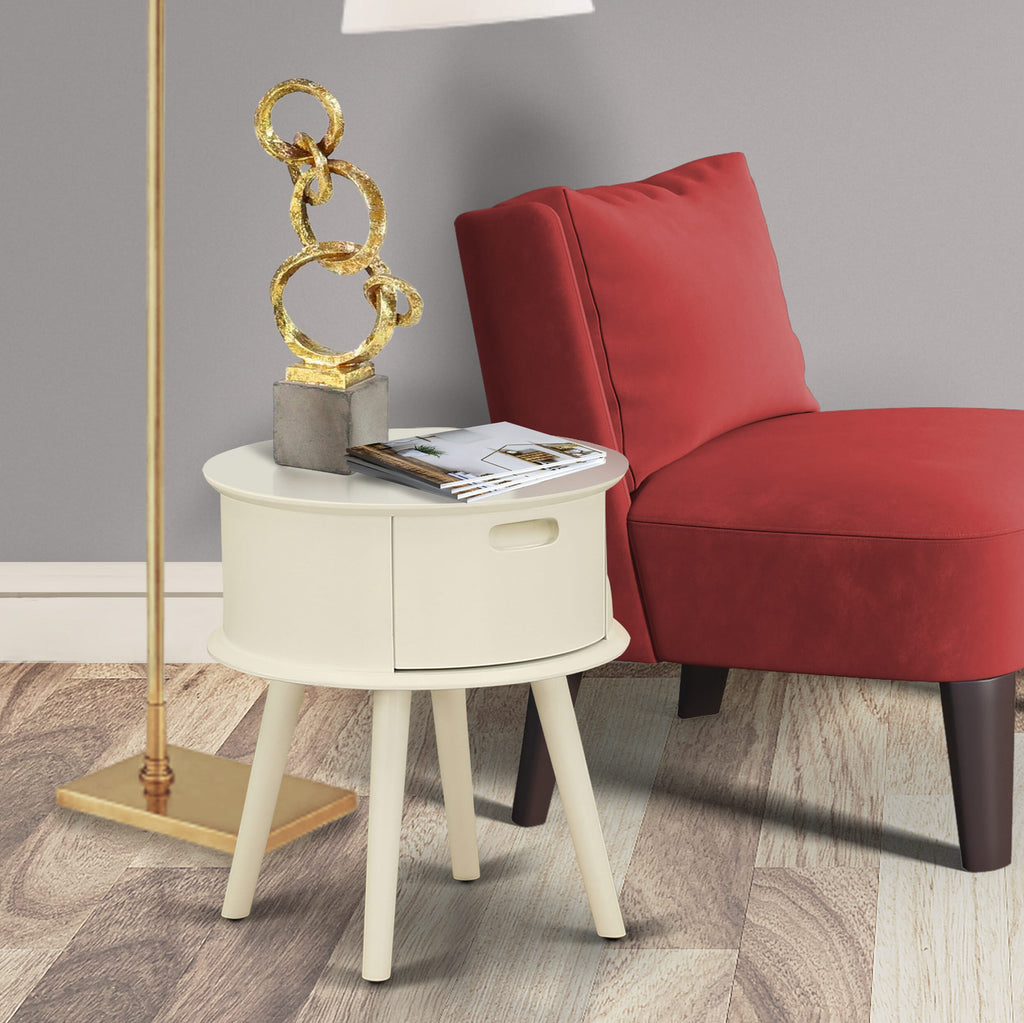 GONE0I Gordon Circular Bedside Table with Drawer and White Finish