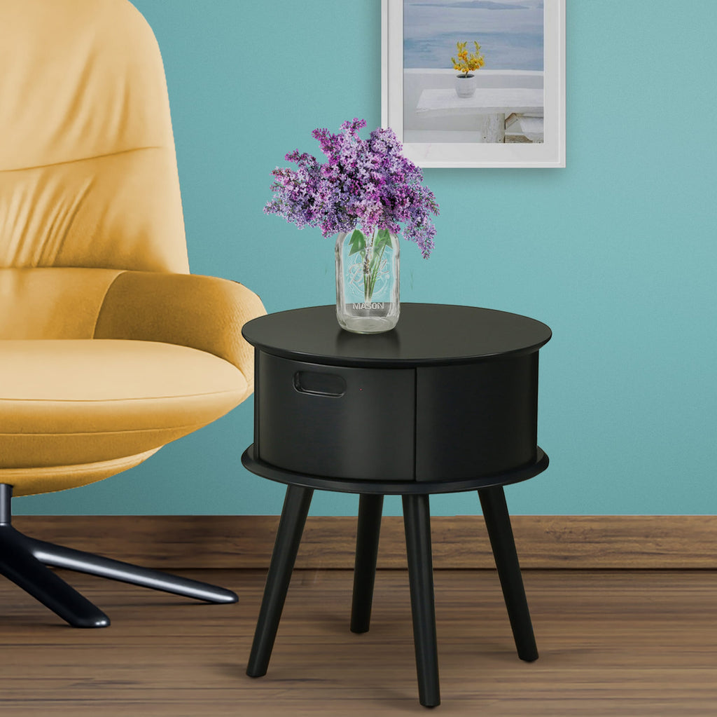 GONE1I Sleek Gordon Round Side Table with Handy Drawer and Elegant Black Finish