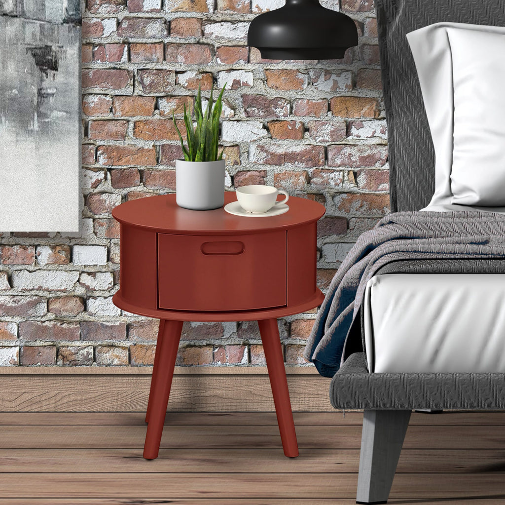 Round End Table Night Stand with GONE1M  Drawer in Luxurious Burgundy Finish