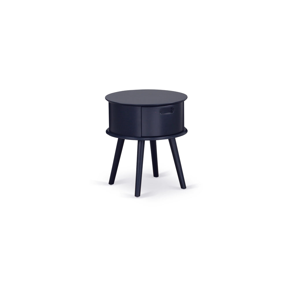 FN11K-XKMJ5 Two-Piece King Platform Set Mid Century Bed & Navy Nightstand in Denim Blue Linen Fabric