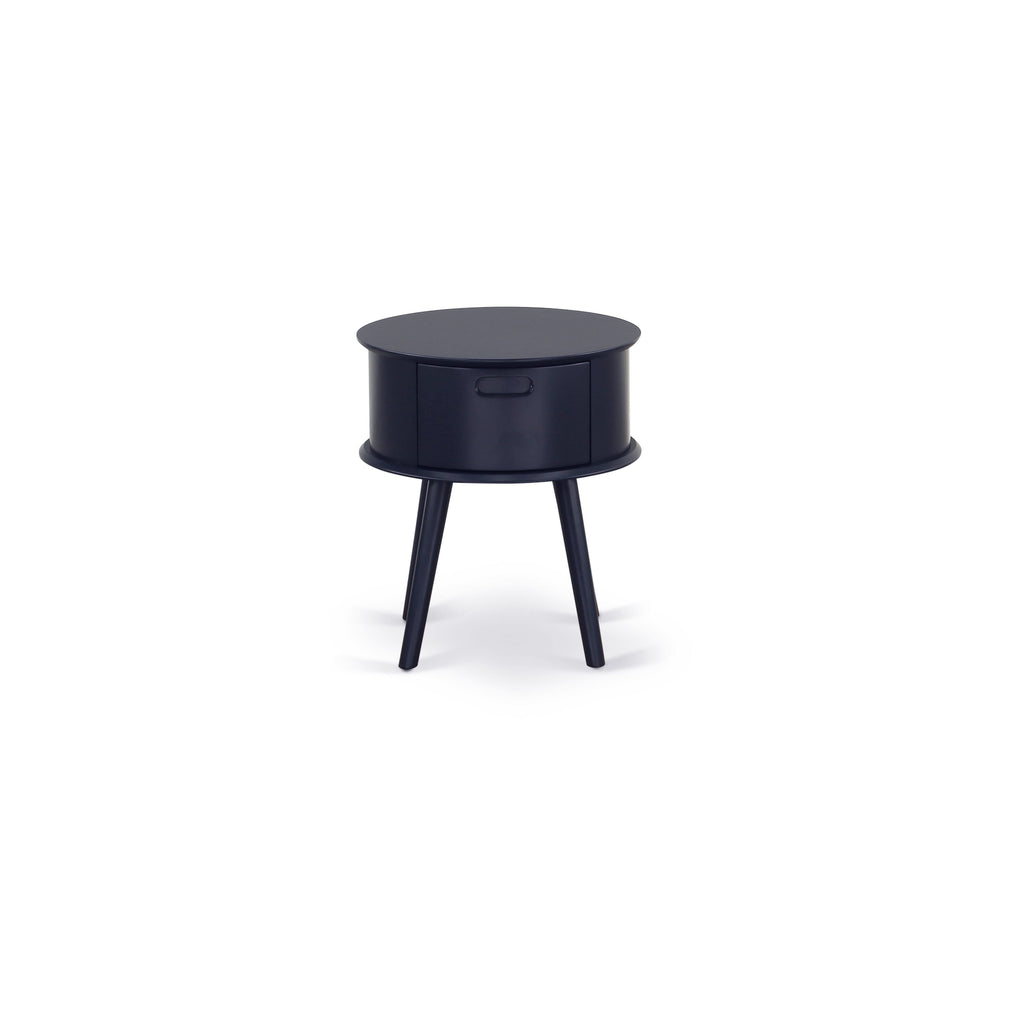 FN11K-XKMJ5 Two-Piece King Platform Set Mid Century Bed & Navy Nightstand in Denim Blue Linen Fabric