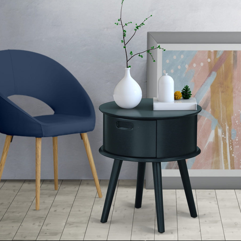 GONE1U Mesmerizing Navy Blue Side Table with Drawer Elegant Round Design for Bedrooms