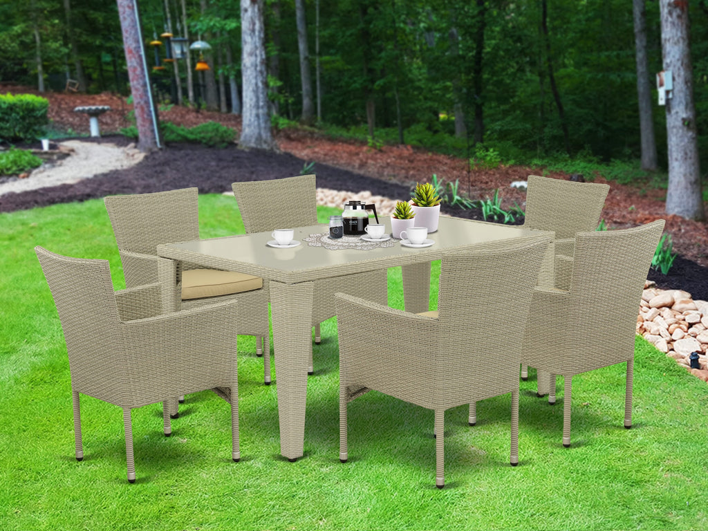 GUBK7-CXI Elegant 7-Piece Wicker Patio Set with Glass Table + Cushioned Armchairs in Natural Linen