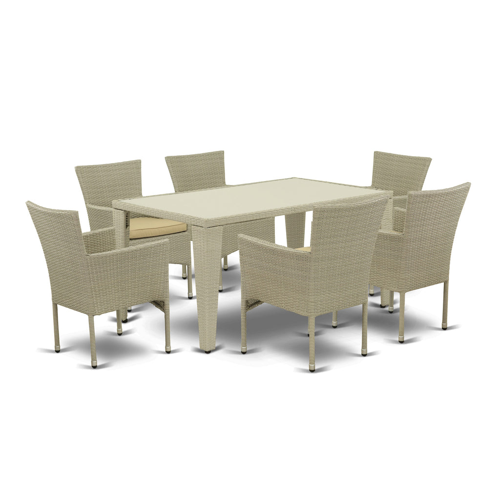 GUBK7-CXI Elegant 7-Piece Wicker Patio Set with Glass Table + Cushioned Armchairs in Natural Linen