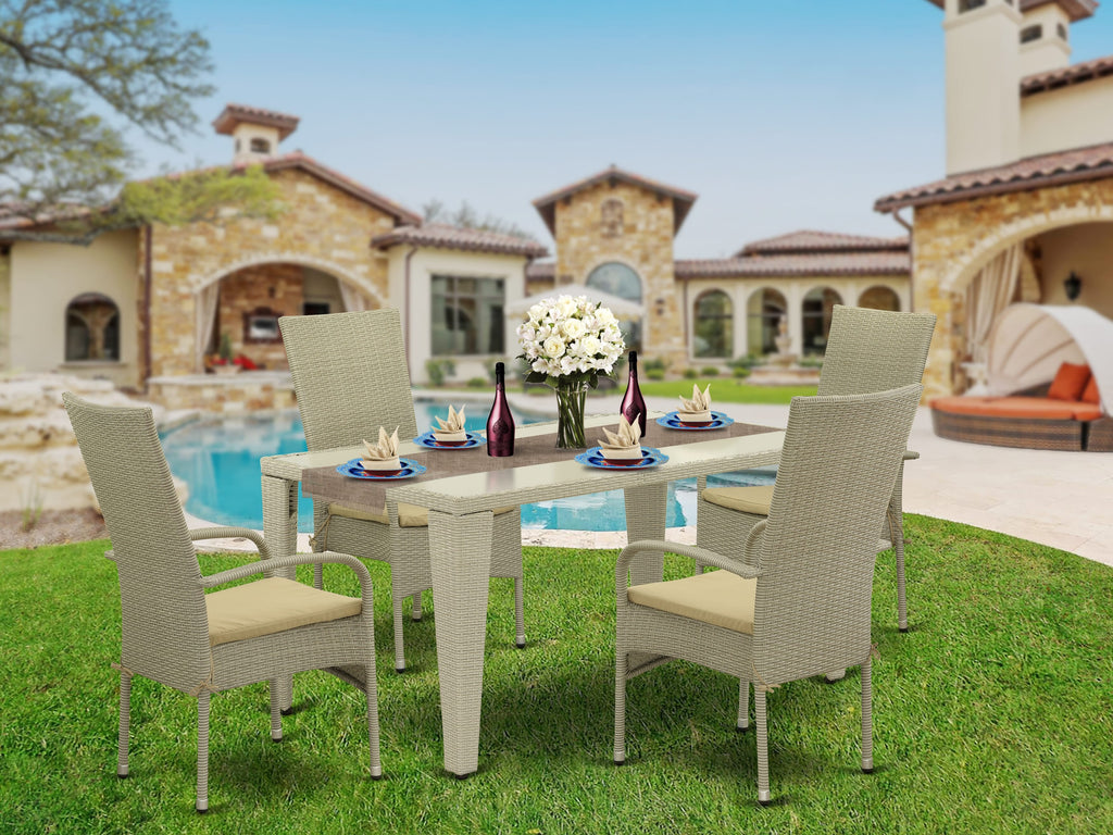 GUOS5-CRL 5 Piece Outdoor Set Dining Table & 4 Armchairs - Natural Linen Cushions, 36x60