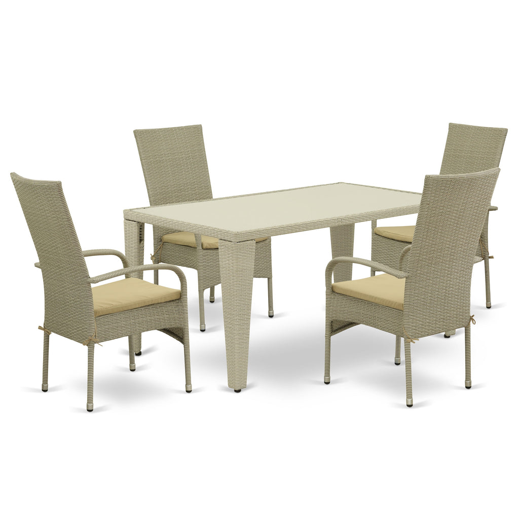 GUOS5-CRL 5 Piece Outdoor Set Dining Table & 4 Armchairs - Natural Linen Cushions, 36x60