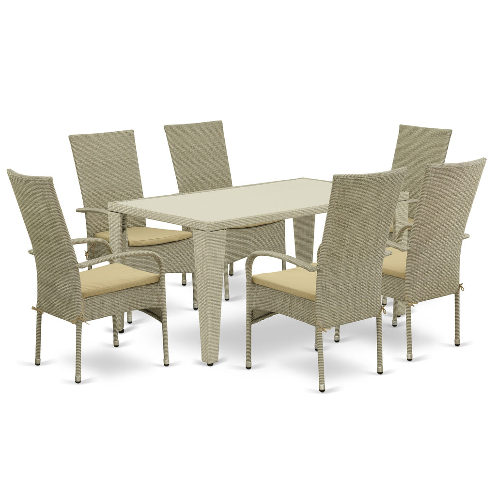GUOS7-WGE 7-Piece Patio Set with Glass-topped Table & 6 Cushioned Armchairs in Natural Linen