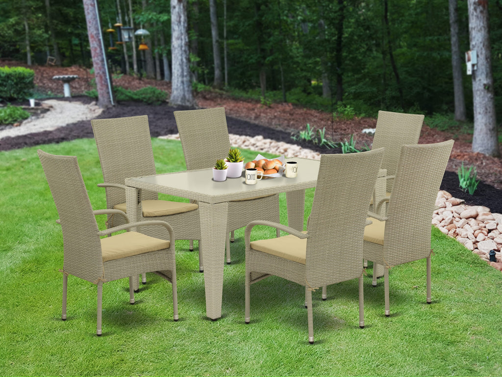 GUOS7-WGE 7-Piece Patio Set with Glass-topped Table & 6 Cushioned Armchairs in Natural Linen