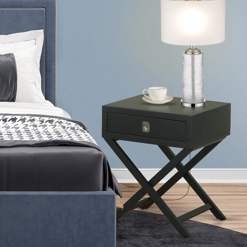 HANE16 Elegant Hamilton Black Square End Table With Chic Drawer Night Stand