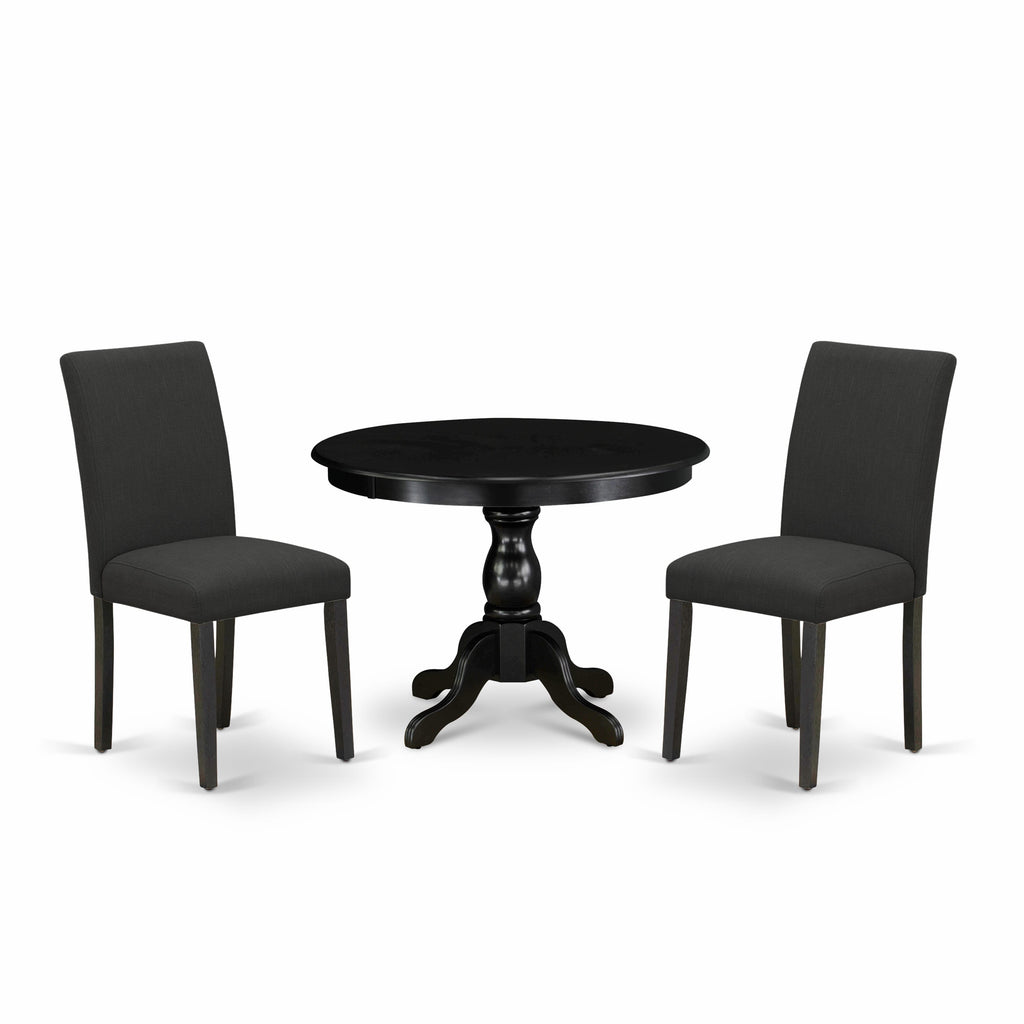 HBAB3-OP2-9R 3-Piece Round Dining Set with Pedestal Table and 2 Upholstered Chairs in Wirebrushed Black, 42x42