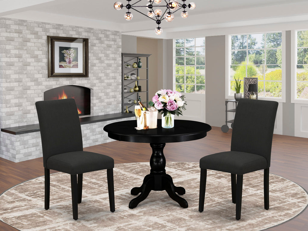HBAB3-OP2-9R 3-Piece Round Dining Set with Pedestal Table and 2 Upholstered Chairs in Wirebrushed Black, 42x42