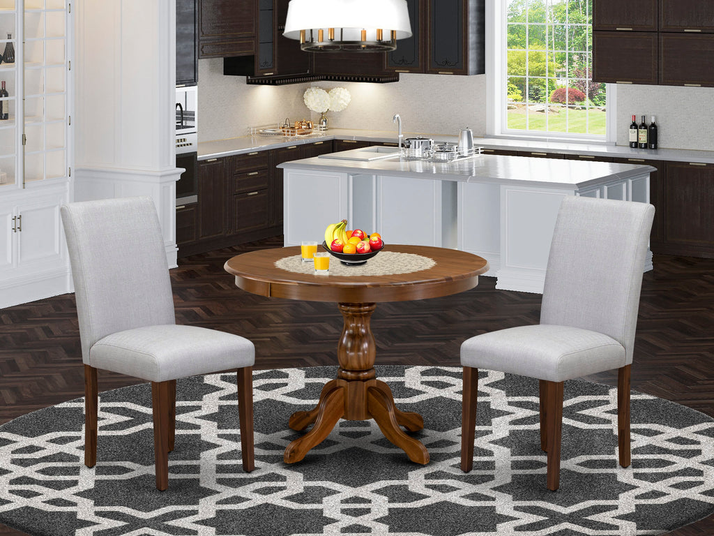 HBAB3-E42-1E 3 Piece Dining Set with Round Pedestal Table & 2 Parson Chairs in Grey Linen, 42 Walnut Finish