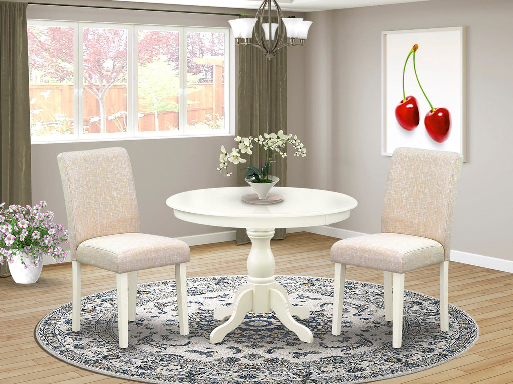 HBAB3-0BI-LB 3-Piece Dining Ensemble Circular Table & Light Beige Upholstered Parson Seats, Linen White