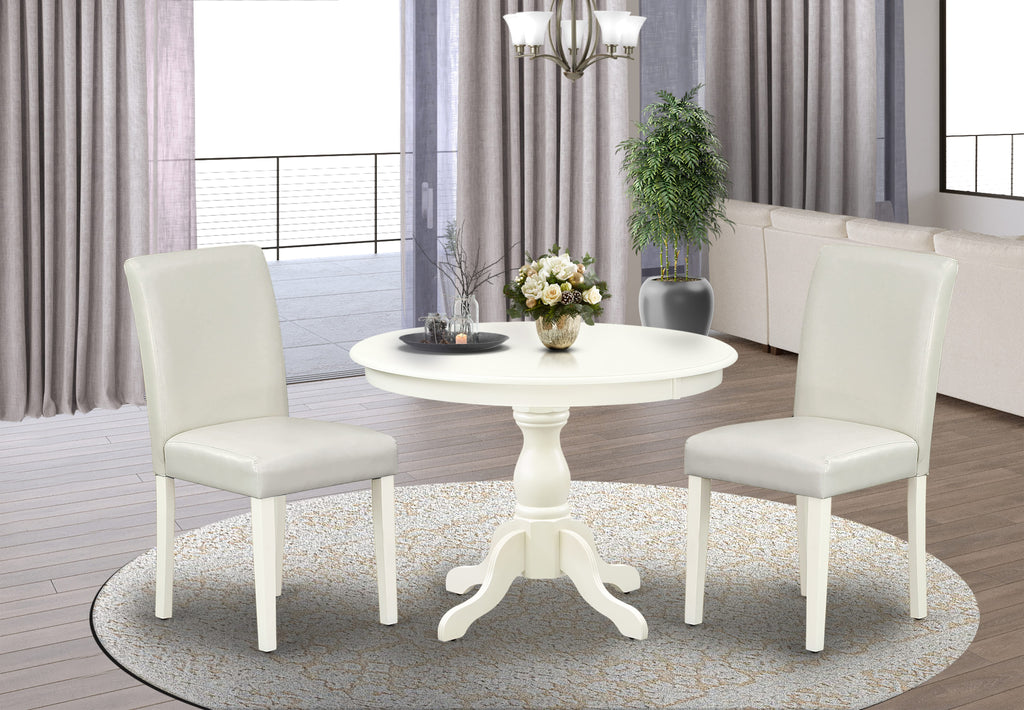 HBAB3-MJK-CC Elegant 3-Piece Dining Ensemble Round Pedestal Table & 2 White Parson Chairs