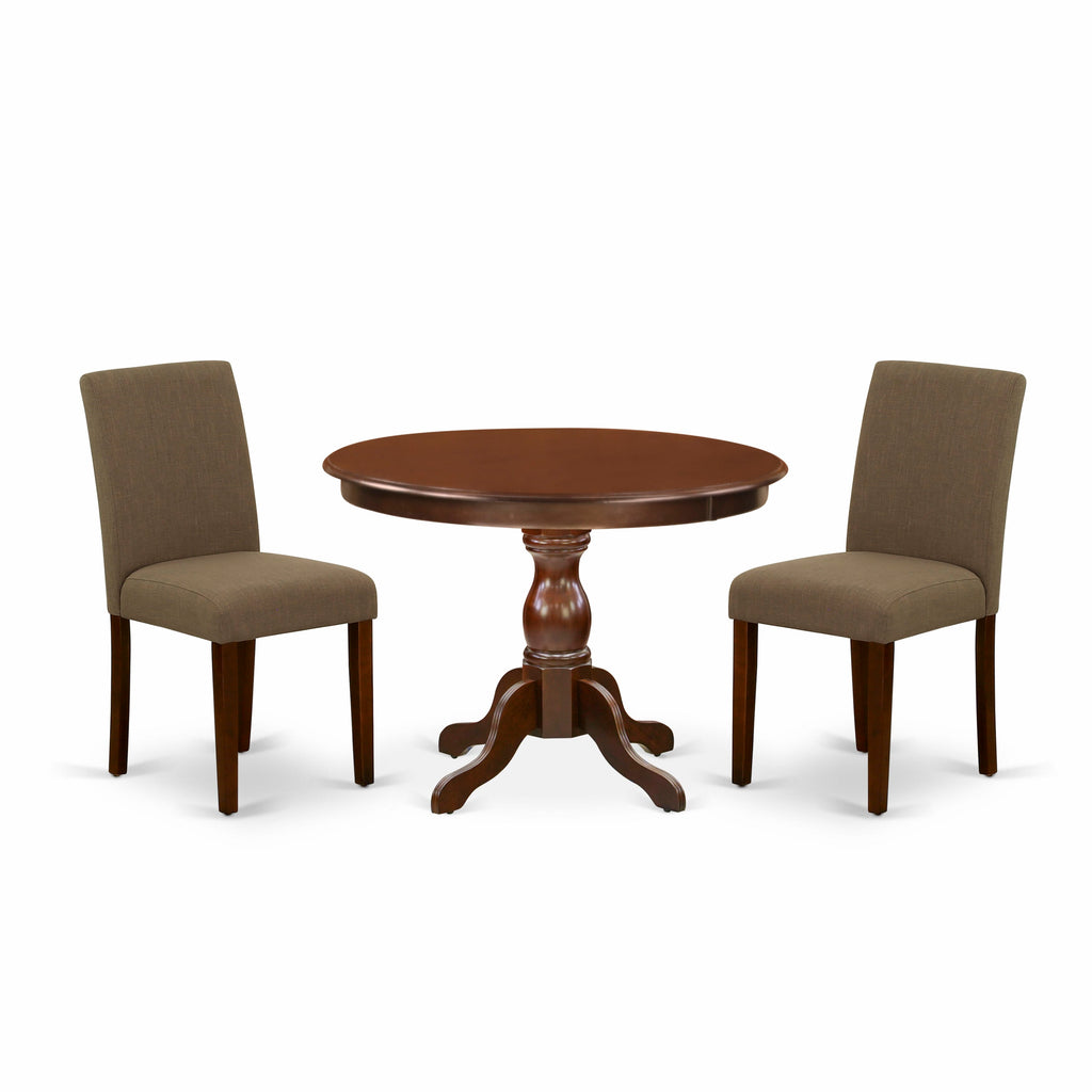 HBAB3-CNC-IU 3-Piece Dining Set with Round Table and Linen Chairs in Rich Mahogany Finish