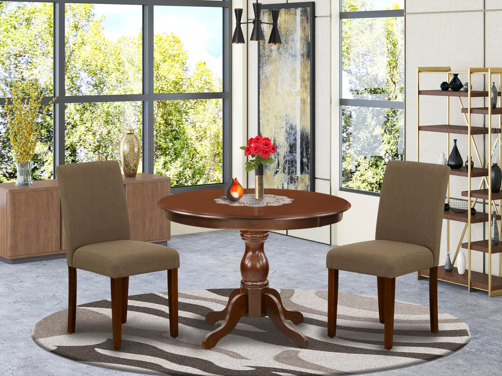 HBAB3-CNC-IU 3-Piece Dining Set with Round Table and Linen Chairs in Rich Mahogany Finish