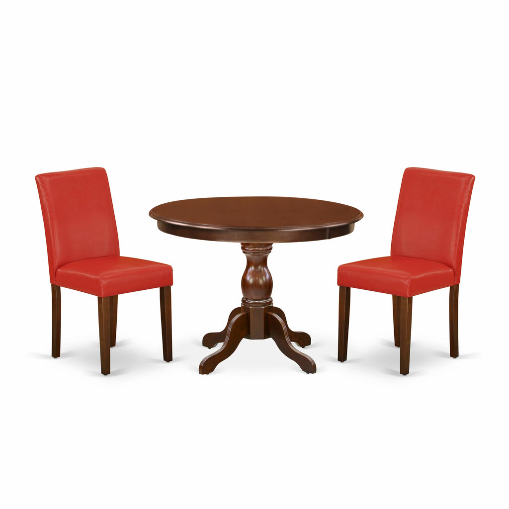 HBAB3-FL 3-Piece Dining Set Round Mahogany Table with Pedestal & 2 Red Faux Leather Parsons Chairs, 42