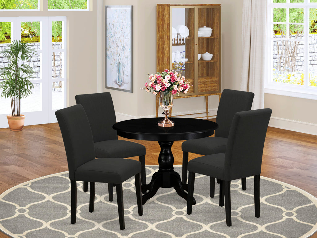 Sku3TN Modern Dining Set Round Pedestal Table & 4 Chairs in Black Linen, 42 Diameter