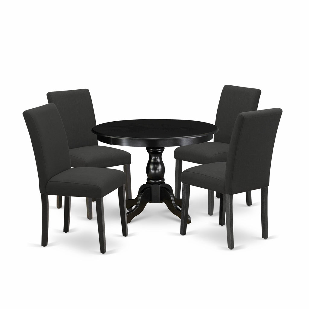 Sku3TN Modern Dining Set Round Pedestal Table & 4 Chairs in Black Linen, 42 Diameter