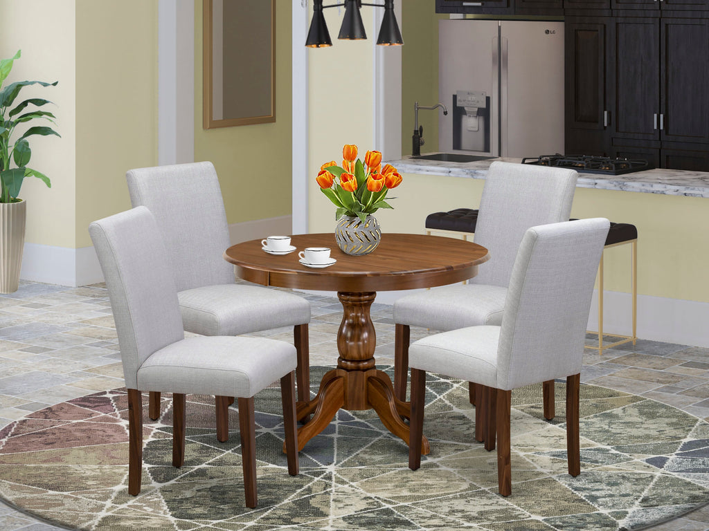HBAB5-Z77-0Q - 5-Part Set with Pedestal Table and Upholstered Grey Seats for Elegant Dining Spaces, Walnut Finish