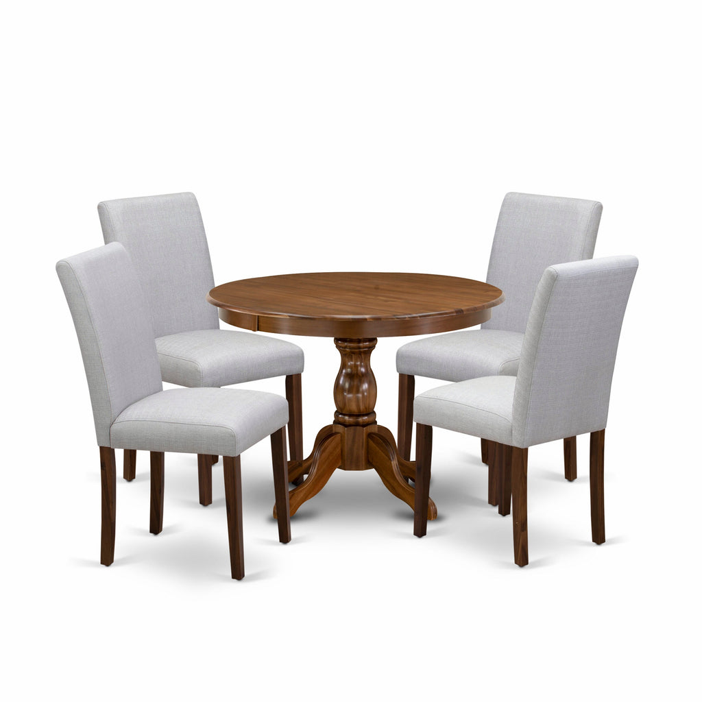 HBAB5-Z77-0Q - 5-Part Set with Pedestal Table and Upholstered Grey Seats for Elegant Dining Spaces, Walnut Finish