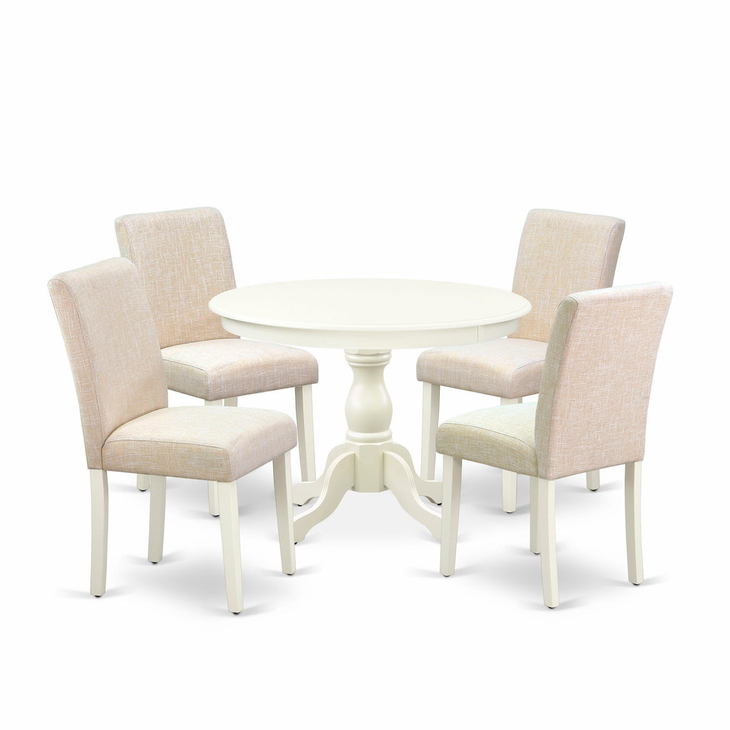 5-Piece Dining Ensemble HBAB5-52O-4K Featuring a Round Pedestal Table and Linen Upholstered Chairs Set, 42 in Opal White