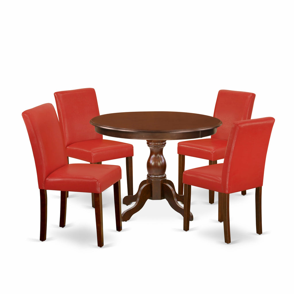 HBAB5-YX7-DH Stylish Mahogany 5-Piece Round Dining Set with Pedestal Table & Captivating Red Faux Leather Chairs