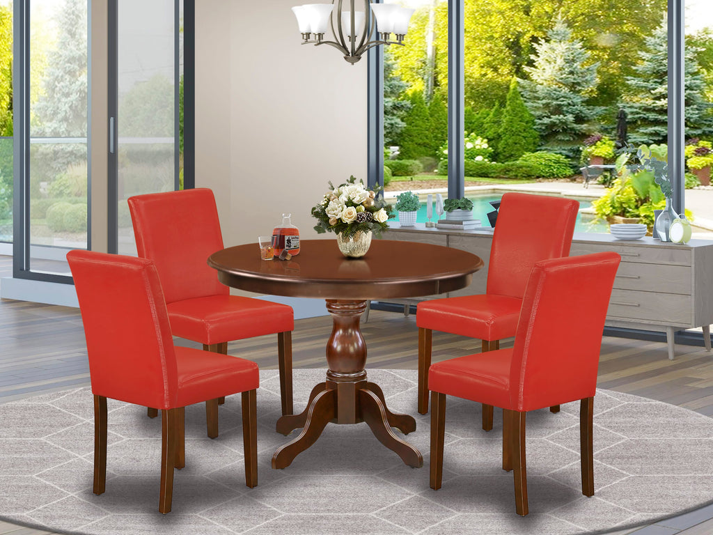 HBAB5-YX7-DH Stylish Mahogany 5-Piece Round Dining Set with Pedestal Table & Captivating Red Faux Leather Chairs
