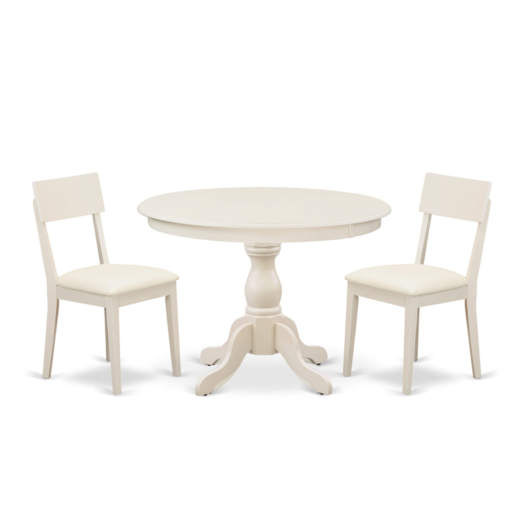 HBAD3-ZK5-UI Designer 3-Piece Set Petite Round Dining Table & 2 Chairs, Faux Leather - Linen White Elegance