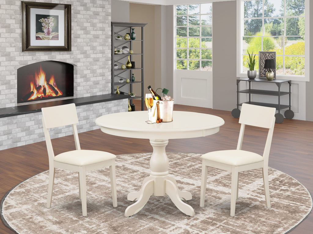HBAD3-ZK5-UI Designer 3-Piece Set Petite Round Dining Table & 2 Chairs, Faux Leather - Linen White Elegance