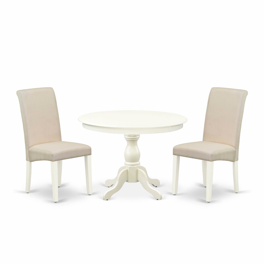HBBA3-66L-PQ 3-Piece Dining Set Featuring Round Table with Pedestal & 2 Cream Linen Chairs, 42x42