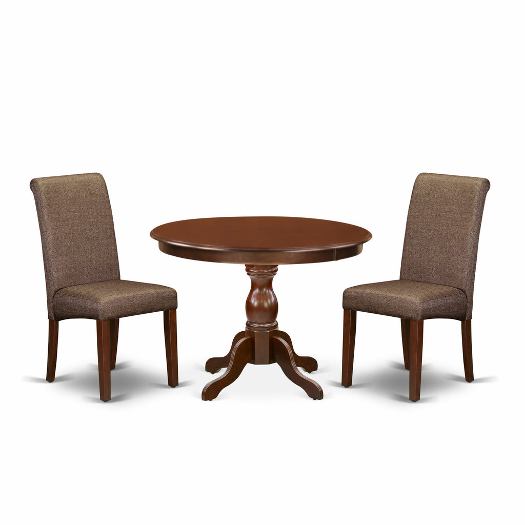 HBBA3-C2E-UT 3-Piece Elegant Dining Ensemble Includes Round Wood Table with Pedestal & 2 Brown Linen Fabric Chairs, 42 Mahogany Finish