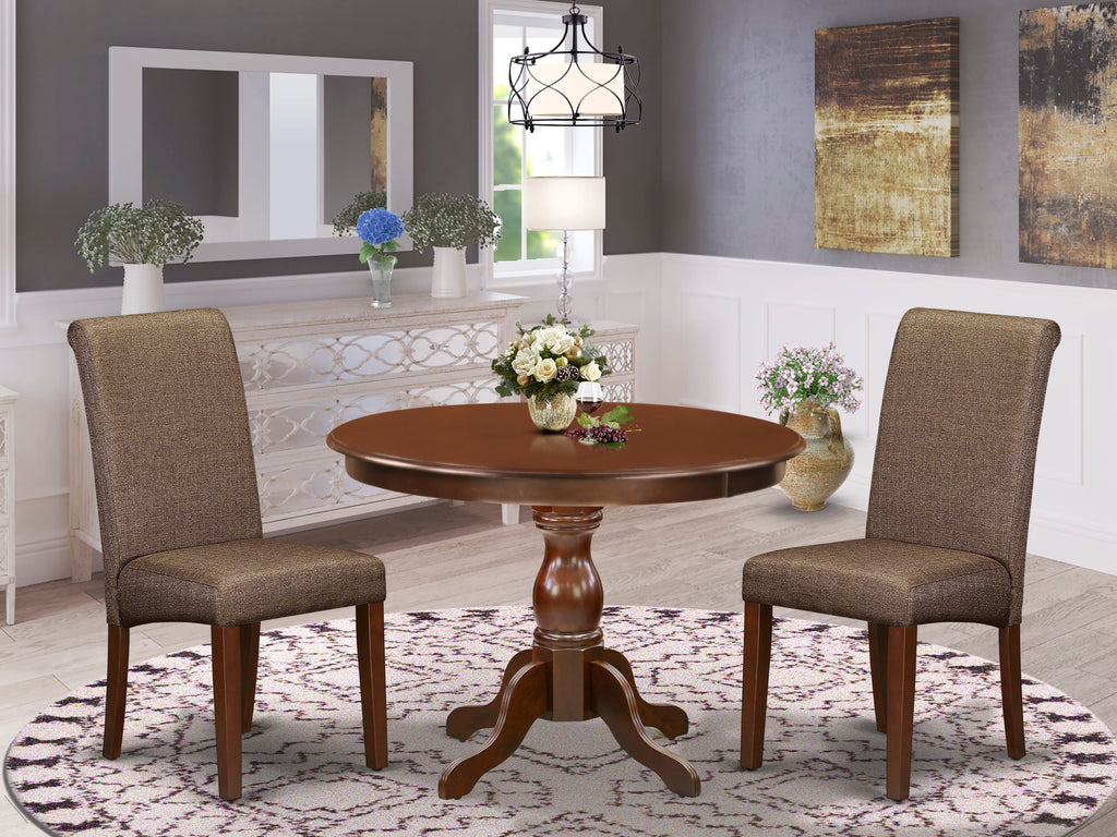HBBA3-C2E-UT 3-Piece Elegant Dining Ensemble Includes Round Wood Table with Pedestal & 2 Brown Linen Fabric Chairs, 42 Mahogany Finish