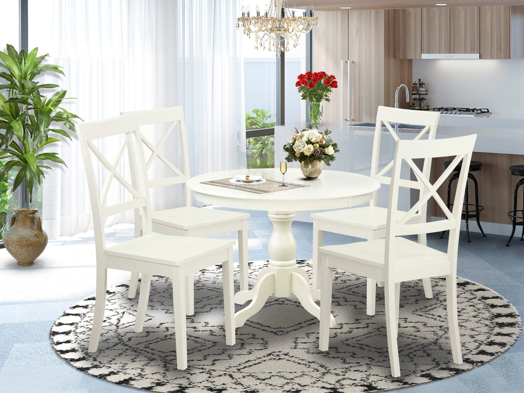 HBBO5-9LA-J Elegant 5pc Dining Ensemble with Pedestal Table & Chairs in Linen White, 42x42