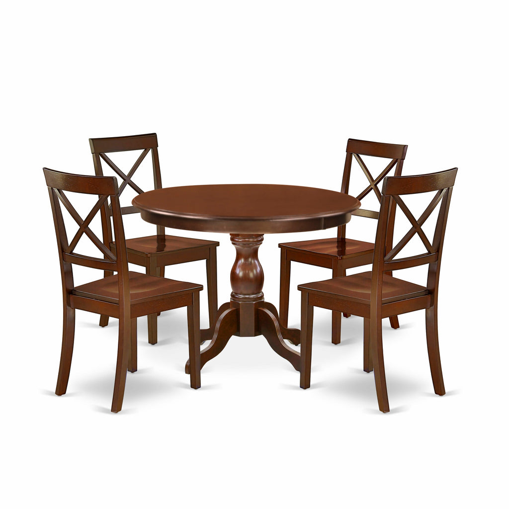 HBBO5-NY4-3 Five-Piece Dining Ensemble Circular Table with Pedestal & Four Chairs, 42-inch, Rich Mahogany Finish