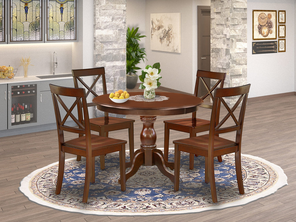 HBBO5-NY4-3 Five-Piece Dining Ensemble Circular Table with Pedestal & Four Chairs, 42-inch, Rich Mahogany Finish