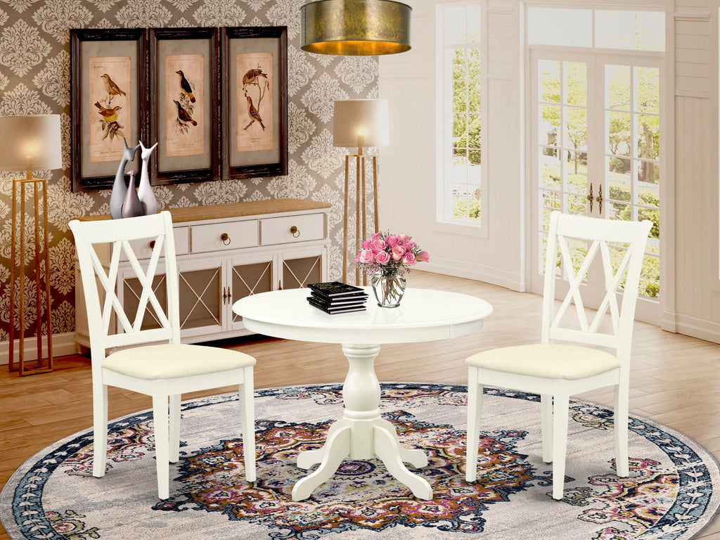 HBCL3-O4J-S Compact 3 Pc. Dining Set Round Table & 2 Upholstered Chairs, Linen White 42