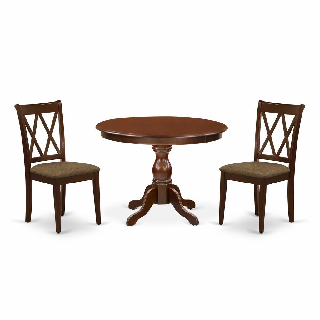 HBCL3-2OC-O Compact 3-Piece Dining Ensemble with Pedestal Round Table and Two Upholstered Seats, 42 Mahogany Finish